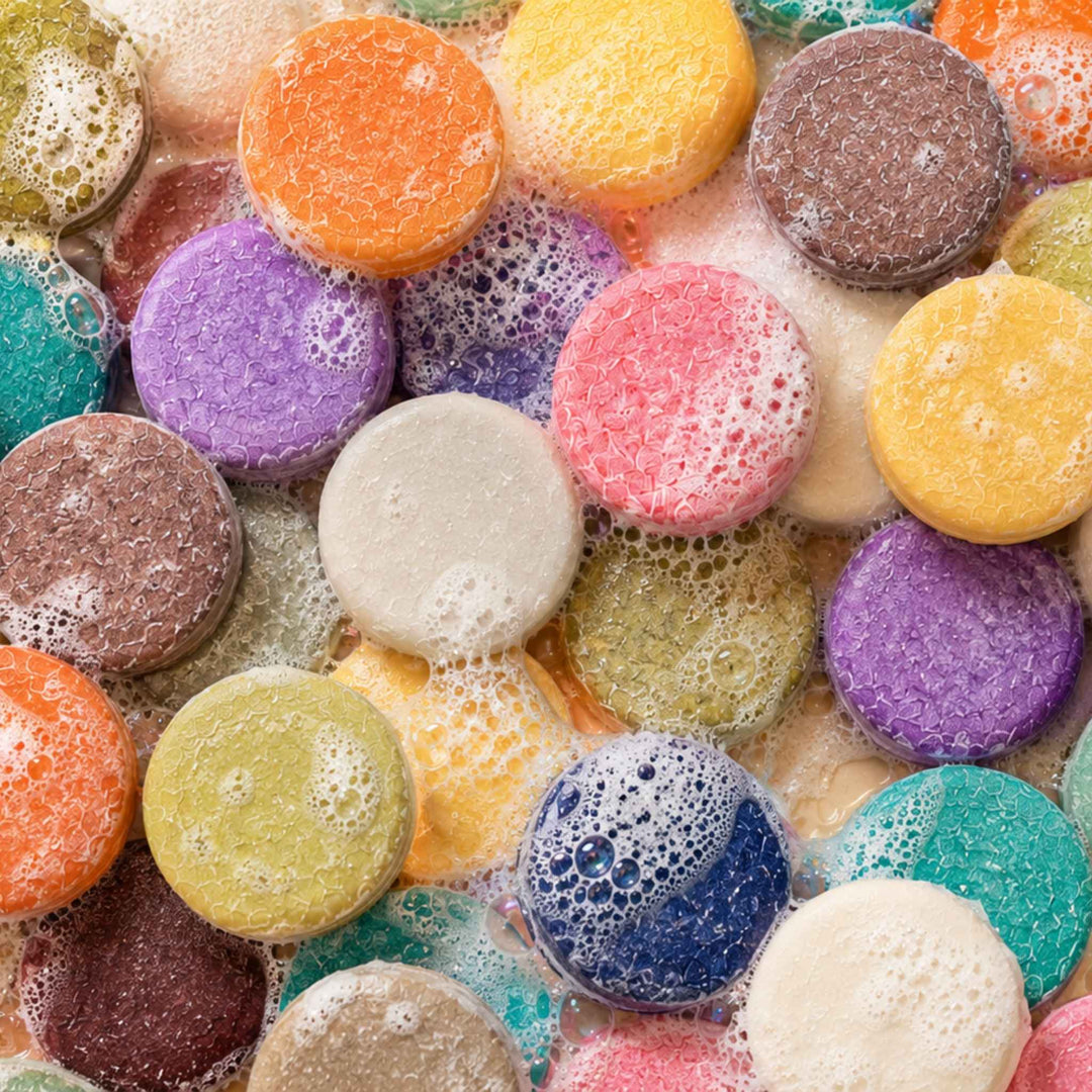 Dirty Bee shampoo bars in assorted colors surrounded by rich foamy lather.