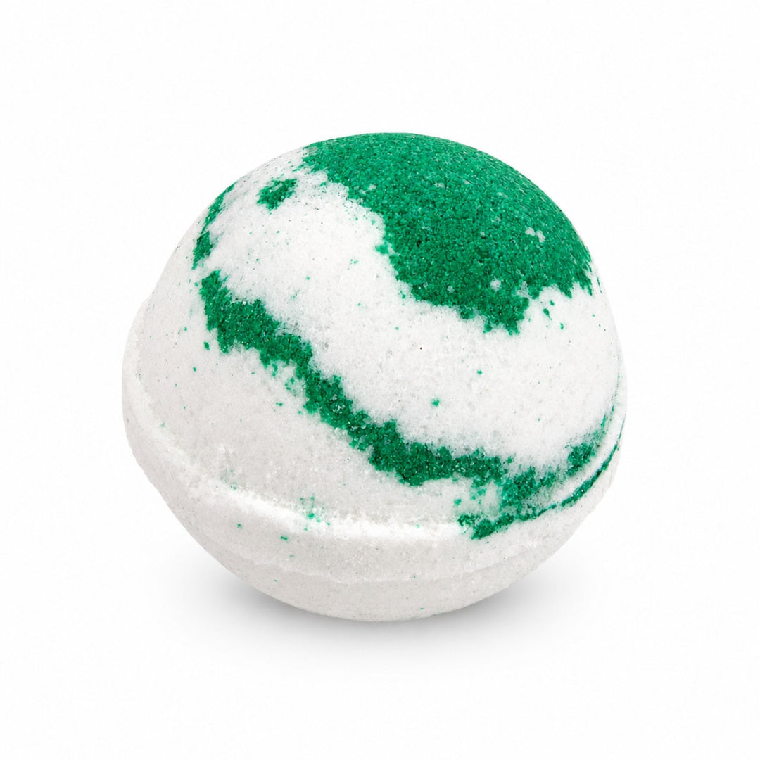Dirty Bee Aloe Fresh Mist Bath Bomb, a round white bath bomb with a green glittery swirl, on a white background.