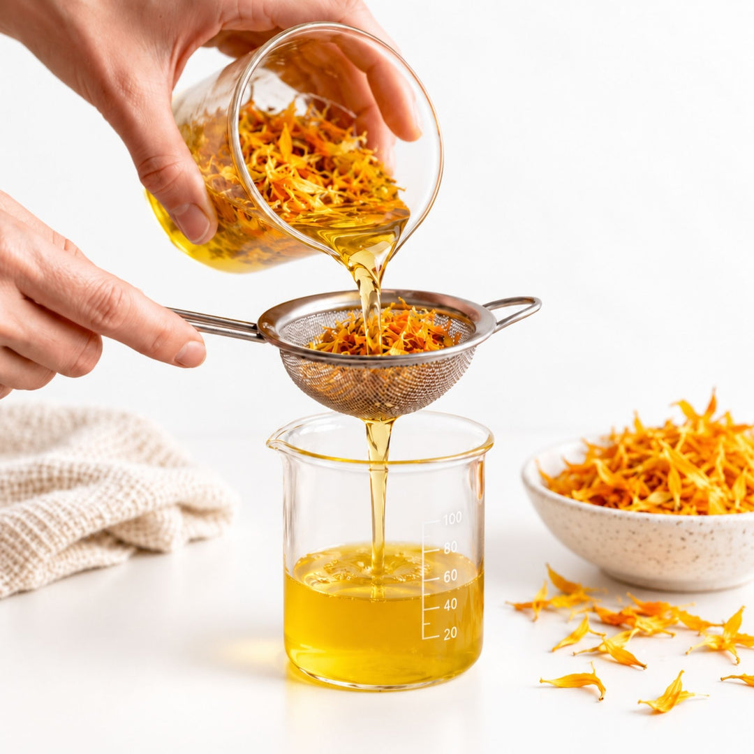Calendula petals being strained into golden botanical oil