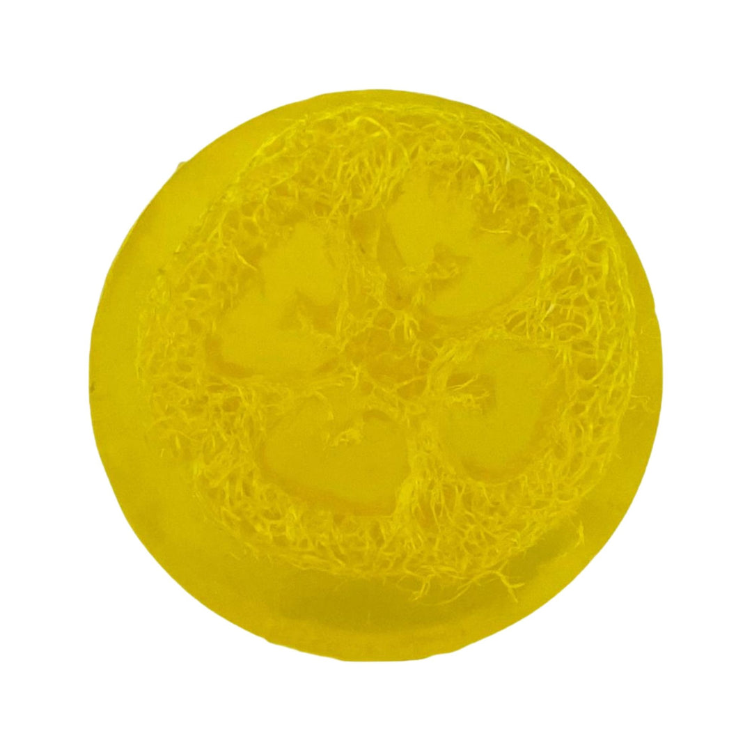 Citrus Sage Loofah Soap with a natural exfoliating loofah center and yellow color on a white background.