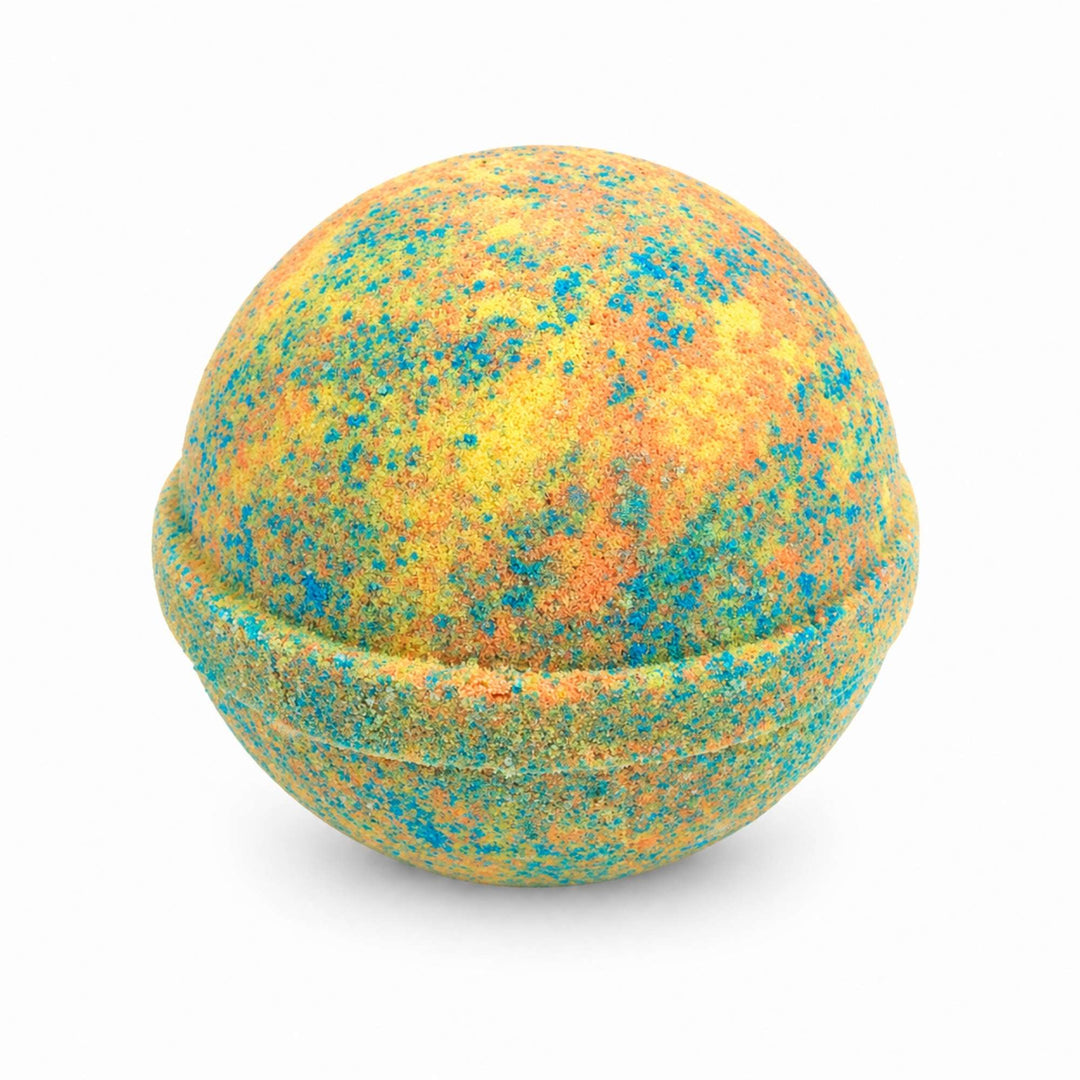 Dirty Bee Colorburst Bath Bomb, a round textured bath bomb with a vibrant blend of yellow, orange, and blue speckles, on a white background.