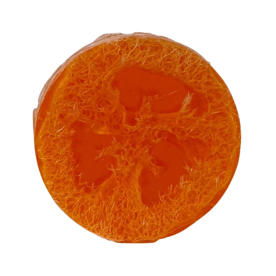 Orange Cranberry Loofah Soap with a natural exfoliating loofah texture and orange color on a white background.