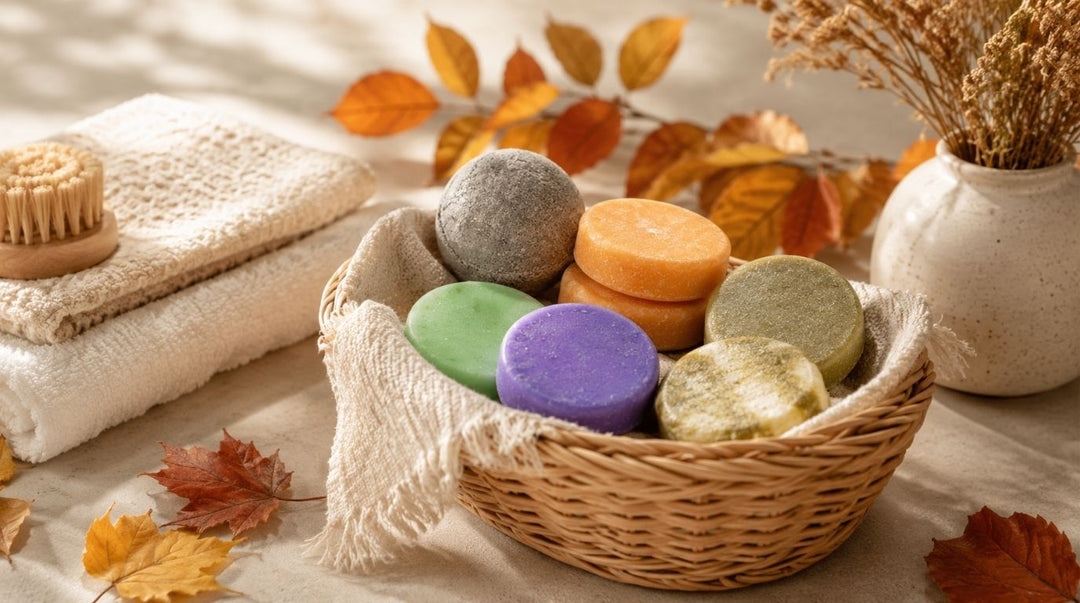 Dirty Bee bath and body bars in purple, green, orange, and gray arranged in a wicker basket with cream towels and autumn leaves.