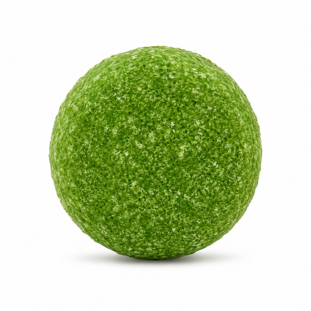 Dirty Bee Frasier Fir Shampoo Bar, a round textured green shampoo bar with a mossy, grass-like surface, on a white background.