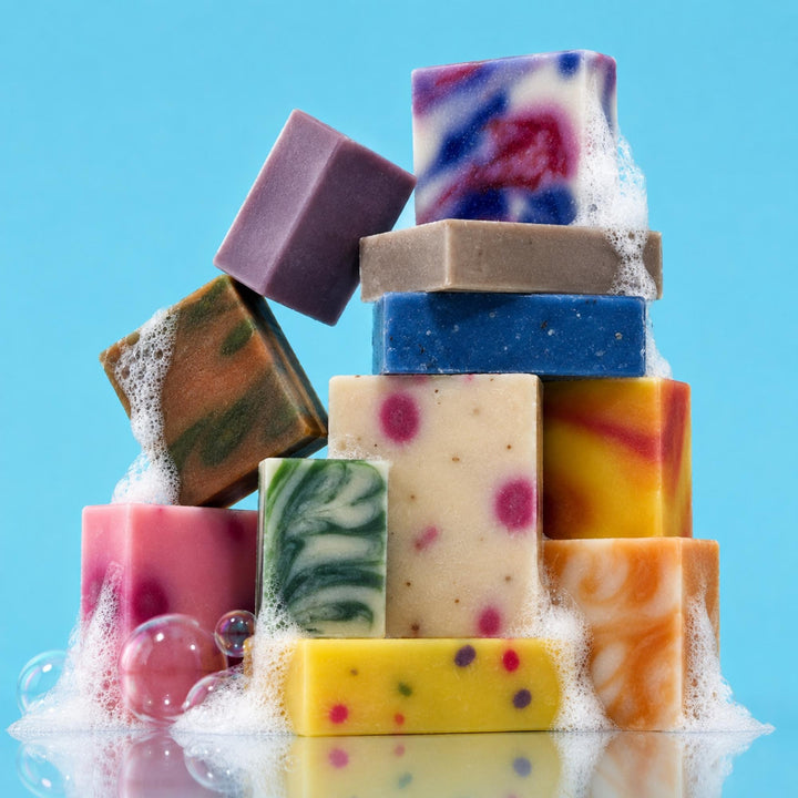 Dirty Bee Little Bee Soap Bar, a stack of colorful marbled soap bars with white foam, on a bright blue background.