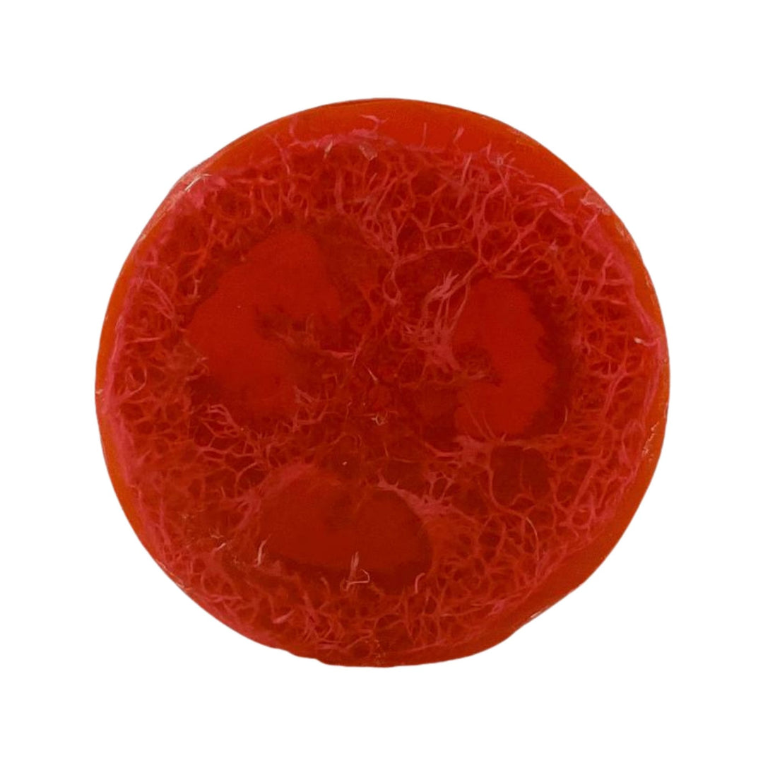 Melon Splash Loofah Soap with a natural exfoliating loofah texture with red color on a white background.