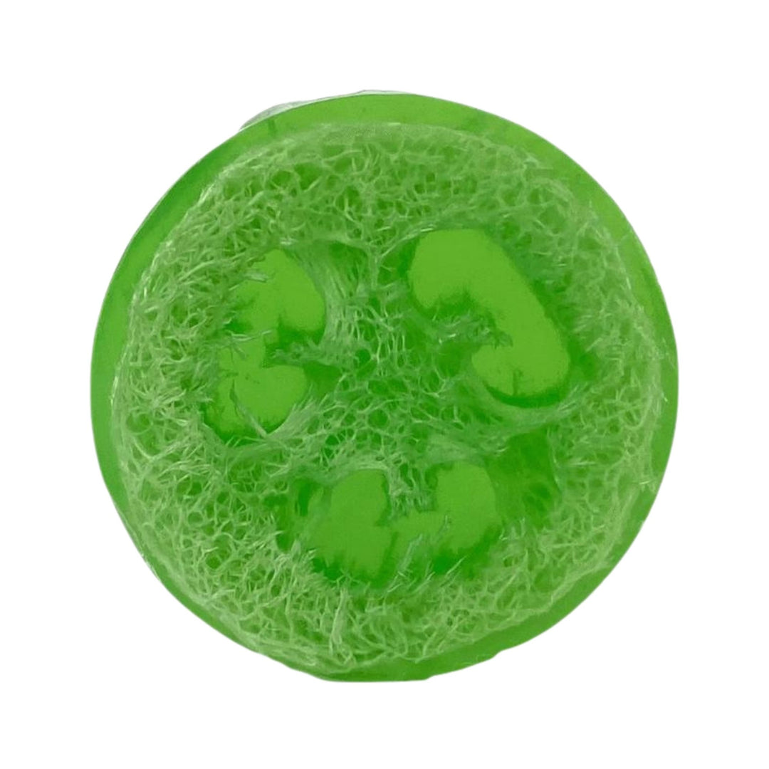 Pear Bliss Loofah Soap with a natural exfoliating loofah center and light green color on a white background.