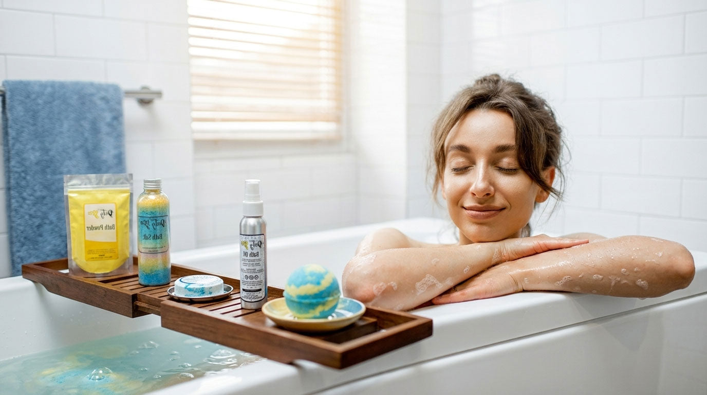 Woman relaxing in a white bathtub beside Dirty Bee bath products on a wooden bath tray.