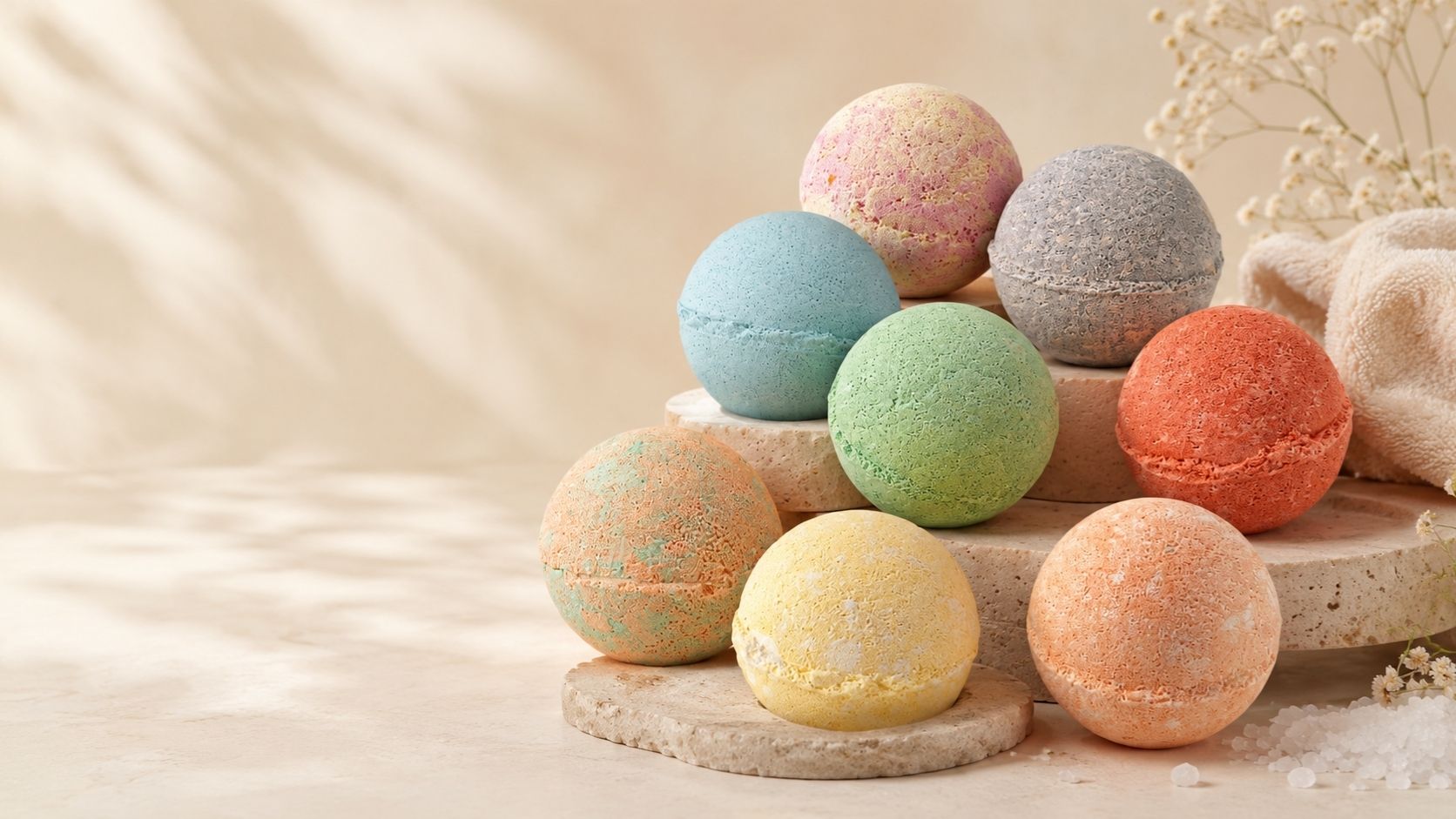 Colorful Dirty Bee bath bombs arranged on stone pedestals with soft spa accents against a warm beige background.