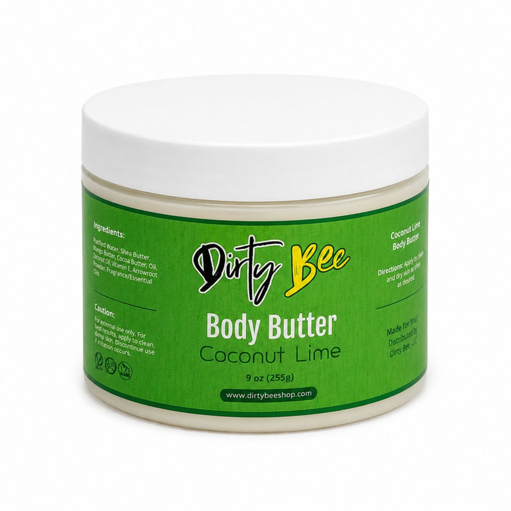 Dirty Bee Coconut Lime Body Butter in a closed clear jar with a white lid and green label.