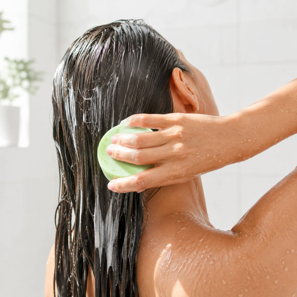 Dirty Bee Coconut Lime Conditioner Bar applied to wet hair in a bright shower setting, showing the solid conditioner bar in use.
