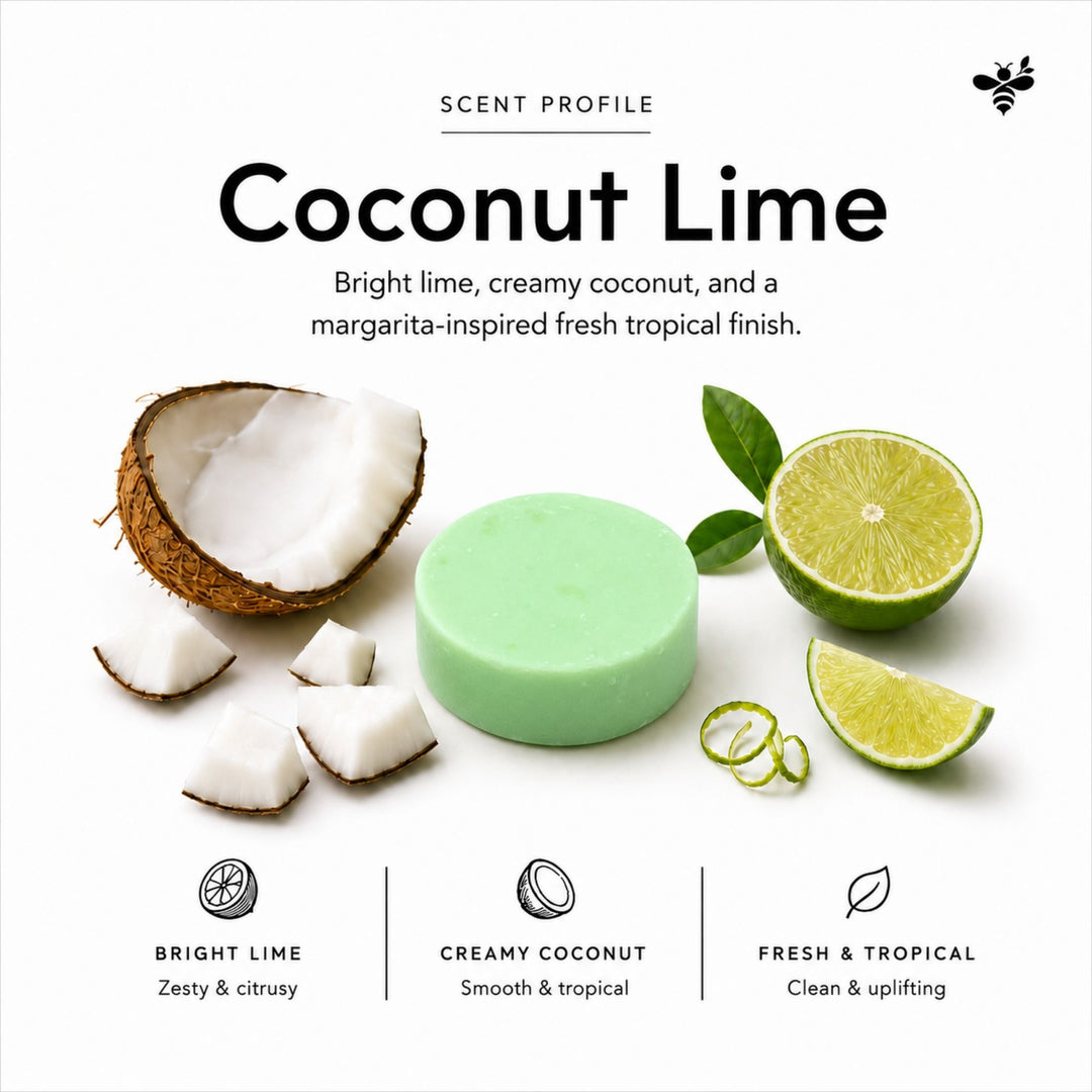 Dirty Bee Coconut Lime conditioner Bar with fresh lime and coconut pieces on a white background, highlighting its bright tropical scent profile.