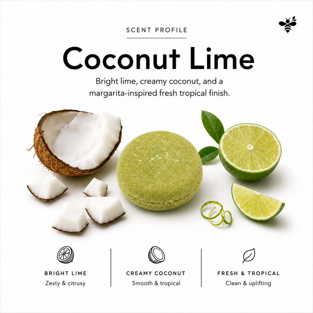 Dirty Bee Coconut Lime Shampoo Bar with fresh lime and coconut pieces on a white background, highlighting its bright tropical scent profile.
