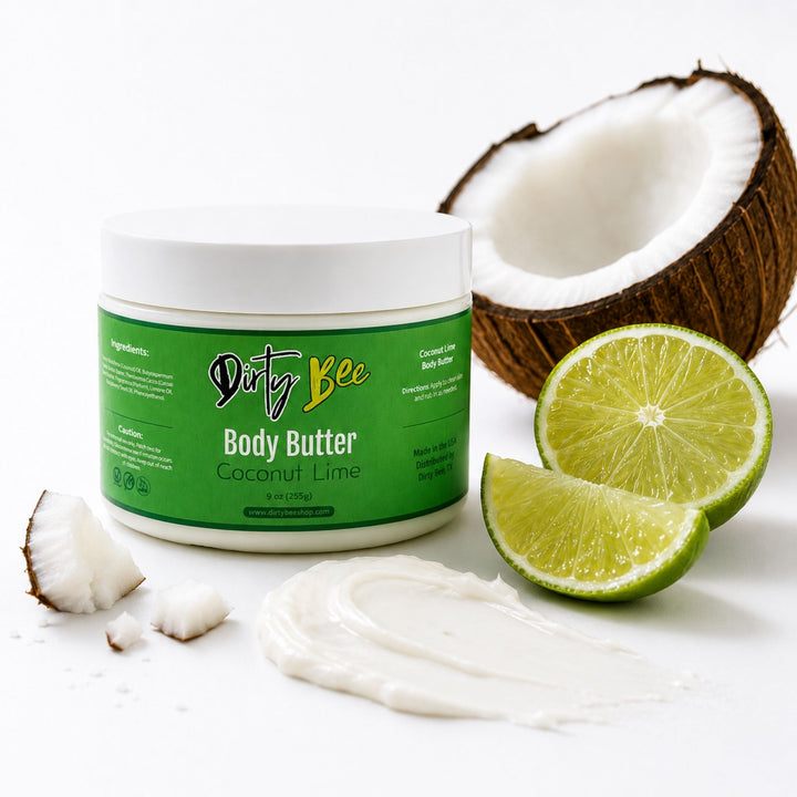 Dirty Bee Coconut Lime Body Butter with coconut, fresh lime, and a creamy body butter swatch