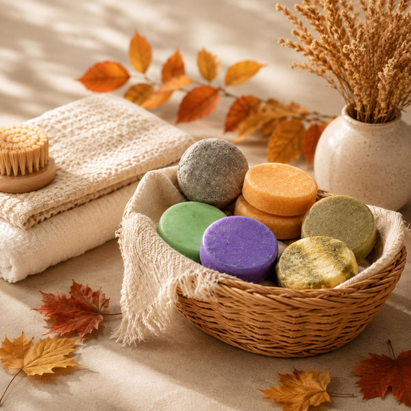 Basket of colorful Dirty Bee bath and body bars styled with cream towels, dried grasses, and autumn leaves in a warm fall setting.