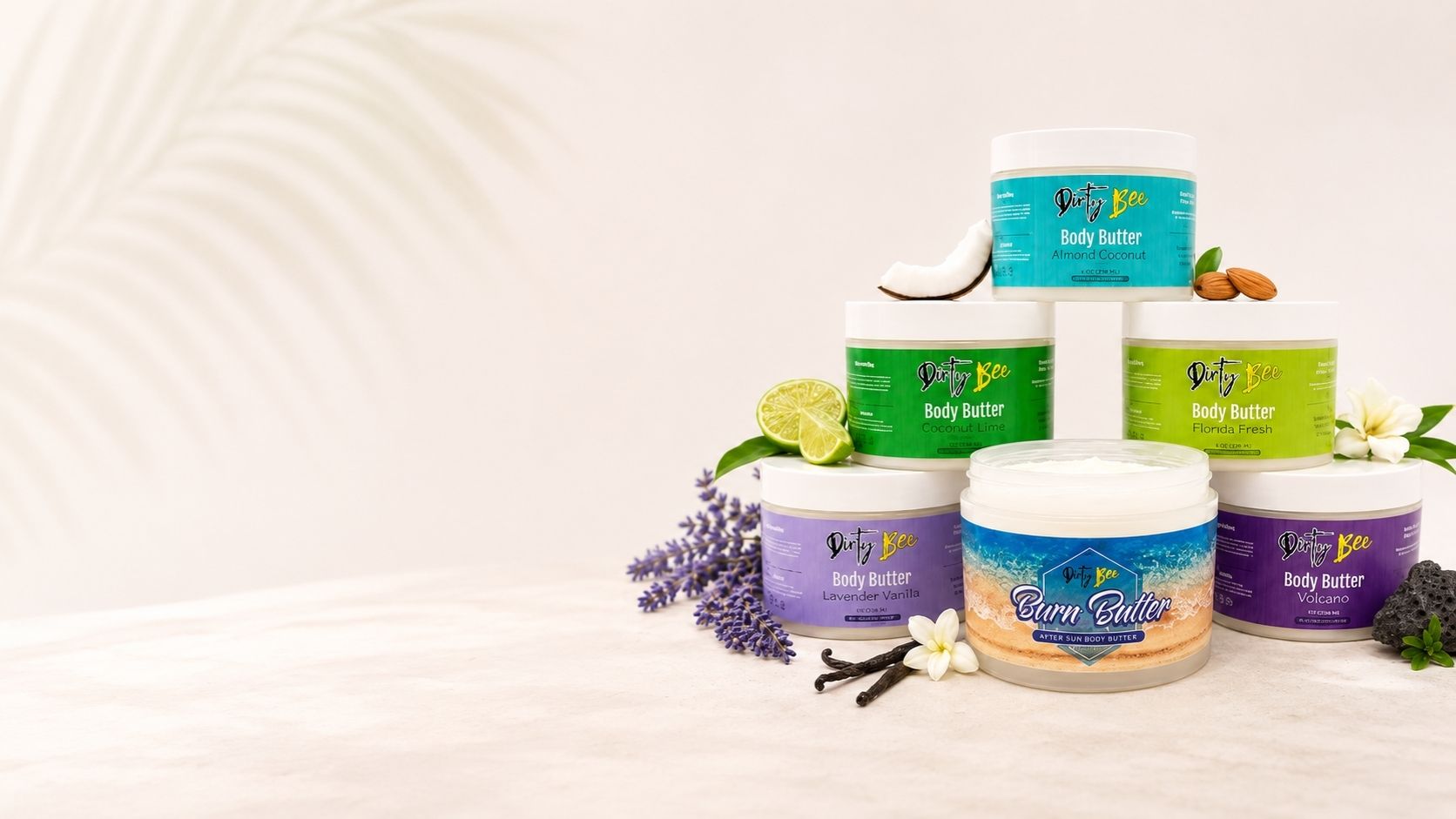 Dirty Bee body butter collection featuring Burn Butter with Almond Coconut, Coconut Lime, Florida Fresh, Lavender Vanilla, and Volcano scents.