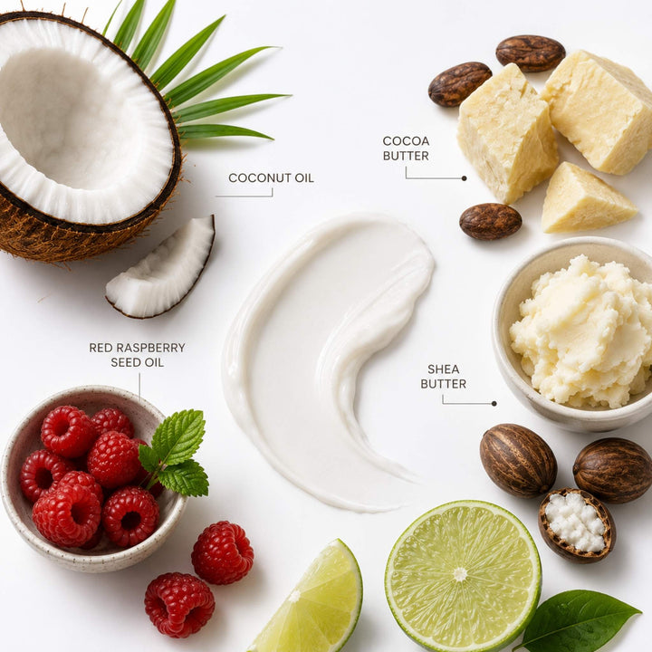 Dirty Bee body butter key ingredients featuring coconut oil, cocoa butter, shea butter, red raspberry seed oil, lime, and a creamy body butter swatch.