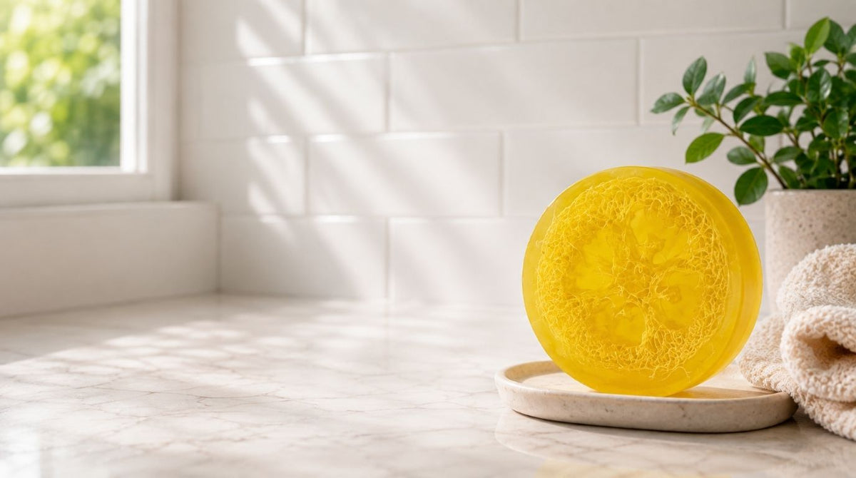 Dirty Bee Citrus Sage Loofah Soap bar displayed on a ceramic dish in a bright bathroom with white subway tile, marble counter, towel, and greenery.