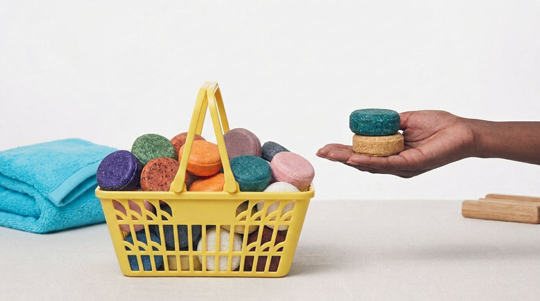 Hand holding two shampoo bars beside a yellow basket filled with assorted colorful Dirty Bee shampoo bars.