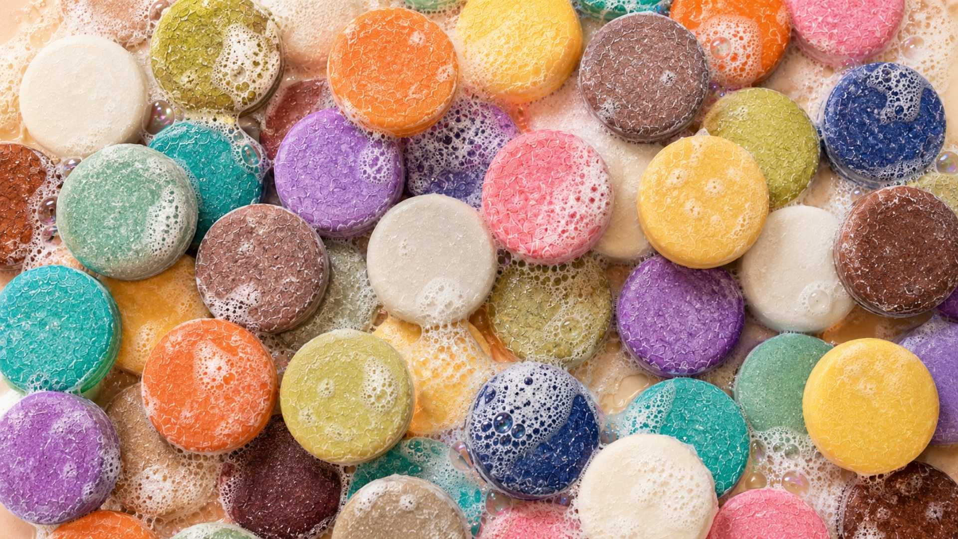 Dirty Bee shampoo bars in assorted colors surrounded by rich foamy lather.