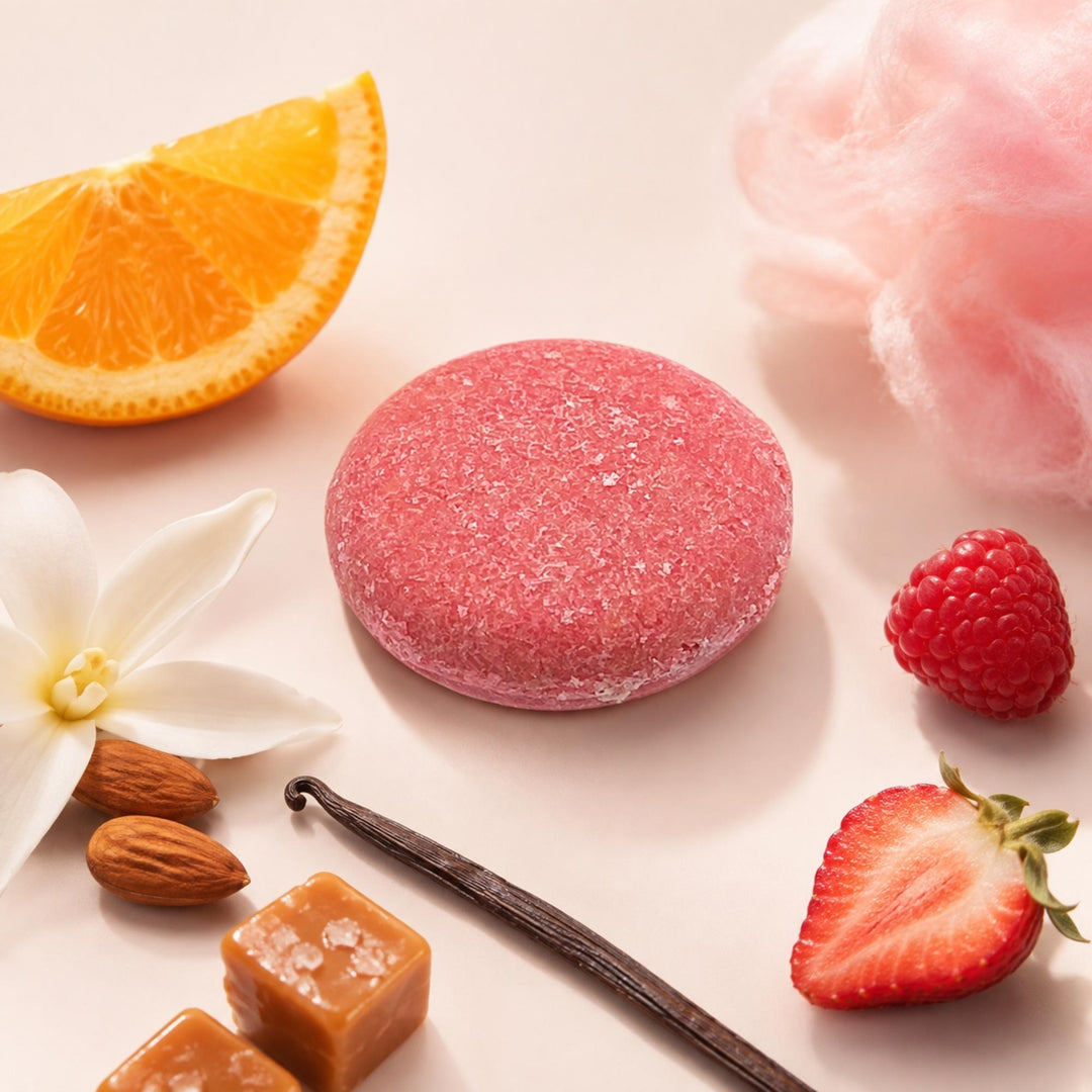 Sunkissed pink shampoo bar surrounded by orange, raspberry, strawberry, vanilla, almond, caramel, and cotton candy scent notes.