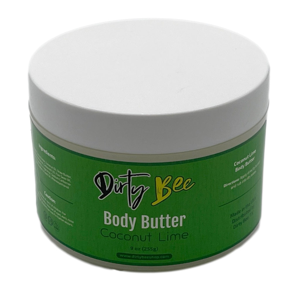 Dirty Bee Coconut Lime Body Butter in a closed clear jar with a white lid and green label.
